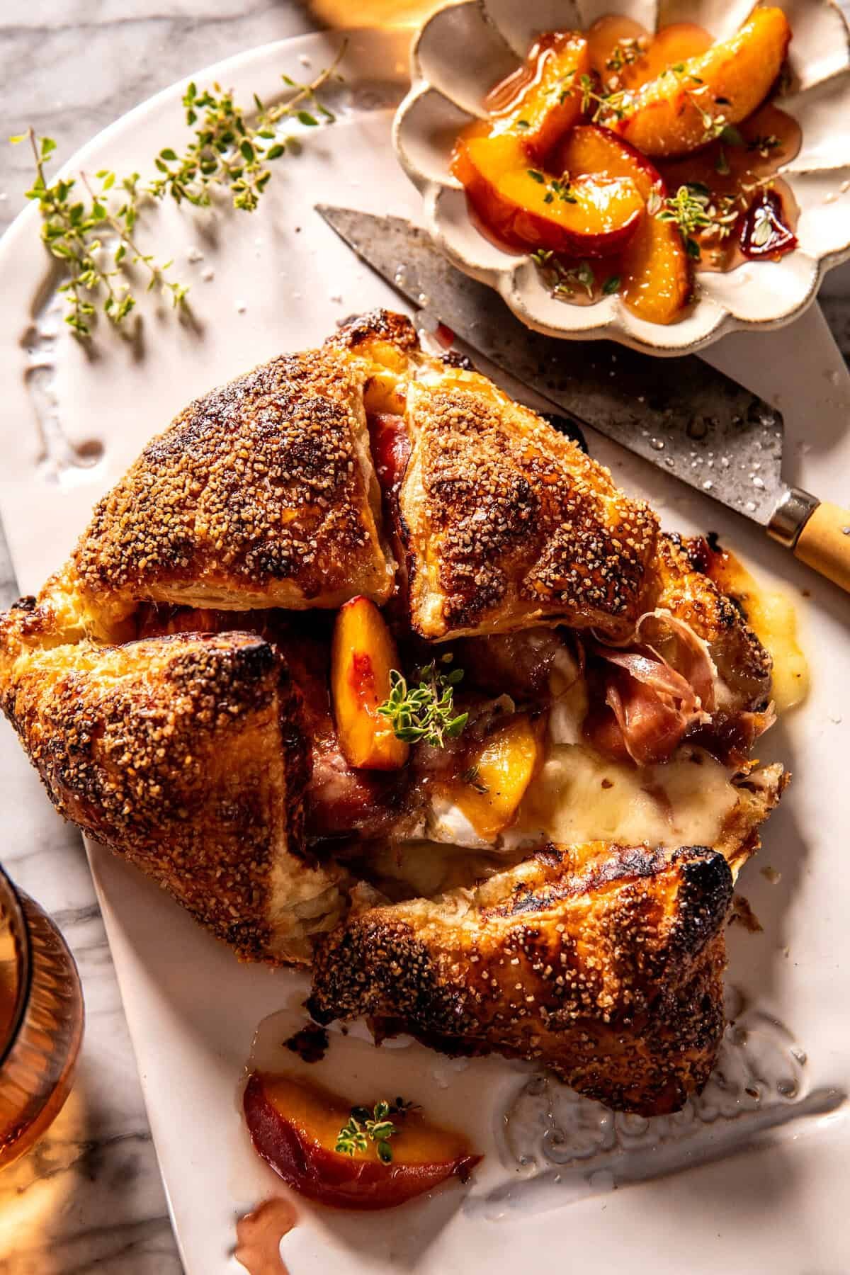Prosciutto Wrapped Peach Baked Brie In Pastry.